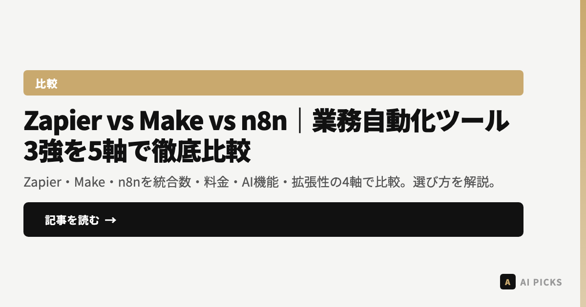 【2026年最新】Zapier vs Make vs n8n｜業務自動化ツール3強を5軸で徹底比較