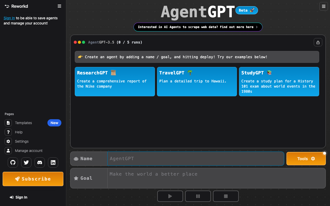 AgentGPTの公式トップページ
