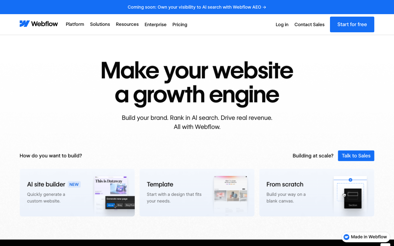 Webflowの公式トップページ